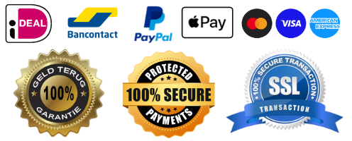 Betaalmethoden iDEAL, Bancontact, PayPal, Apple Pay, Mastercard, Visa en American Express, met geld-terug-garantie en veilige betaling keurmerken
